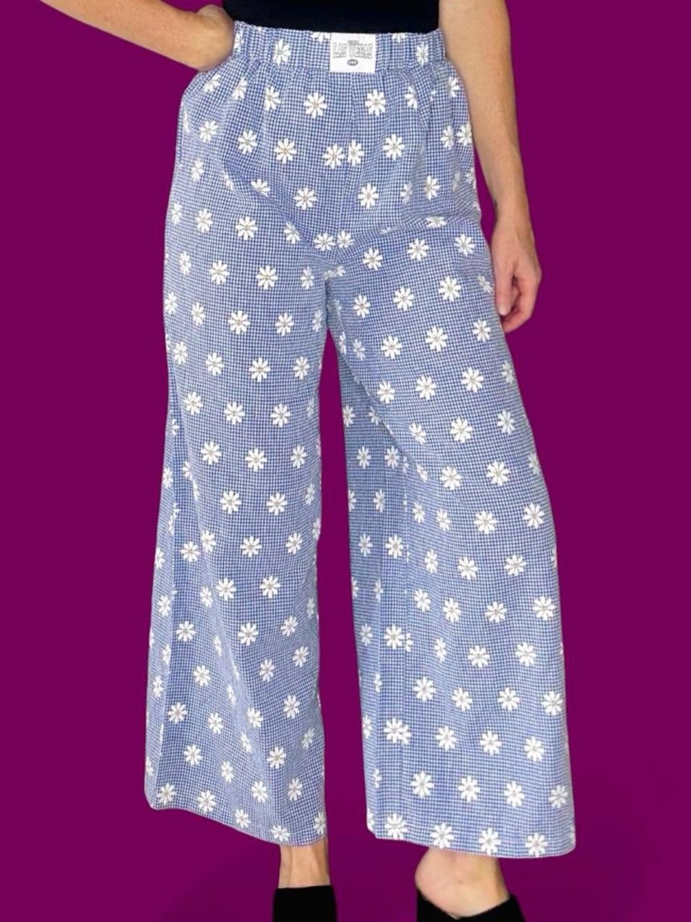 Shein Casual Blue Daisy Floral Gingham Wide Leg Casual Pants